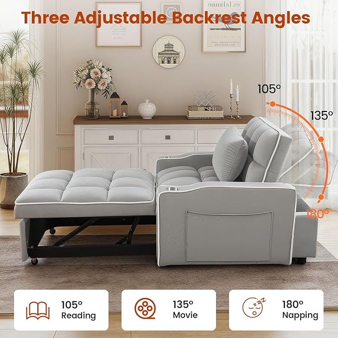 Sleeper Chair, Convertible Pull Out Chair Sleeper with Bracket and Cup Holder, Chairs Bed Sleepers for Adults, 3 in 1 Sofa Bed Chairs for Small Spaces, Living Room, Light Gray