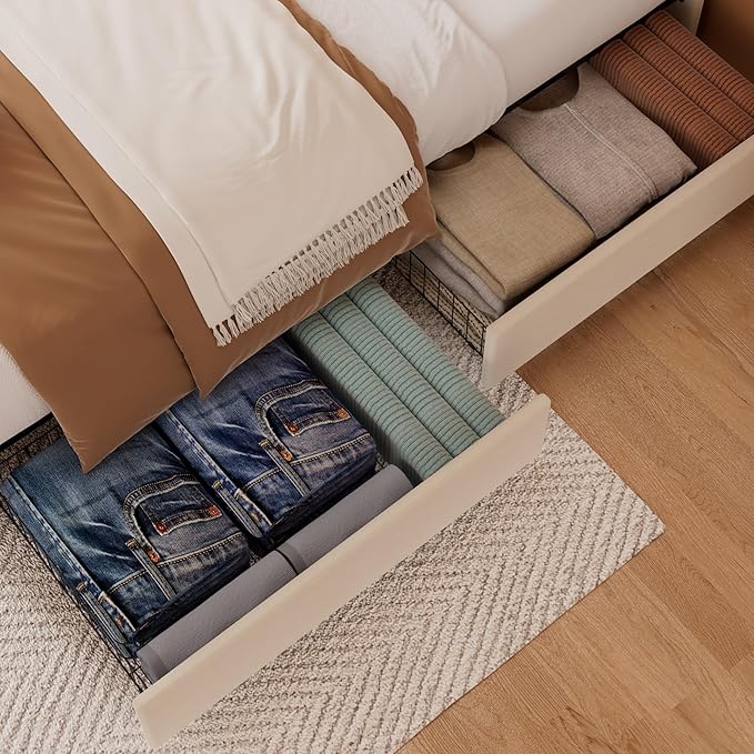 VECELO Queen Bed Frame, Platform Bed Frame with Underbed Storage Drawers and Adjustable Height Upholstered Headboard, Heavy-Duty Frame and Strong Wooden Slats Support, Noise-Free, Easy Assembly, Beige