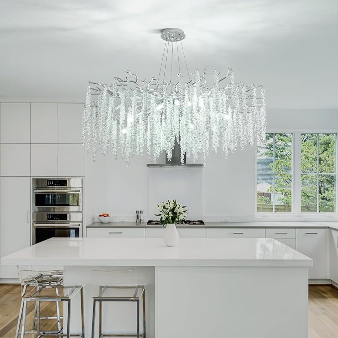 Modern Tree Branch Chandeliers Chrome D39.4'', Crystal Raindrop Chandelier for Living Room, Round Art Deco Lighting Fixture for for Dining Room Foyer Bedroom 15 Lights