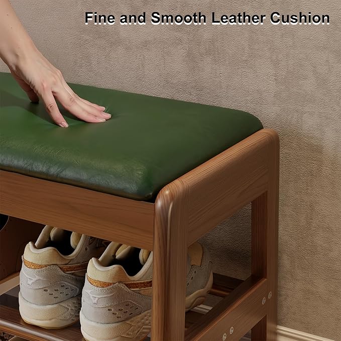 AQIMUELE Small Shoe Rack Bench,2 Tiers Shoe Bench with Storage with Flip-Top,Wood Shoe Rack for Entryway,Hallway（Green Upholstered Seat