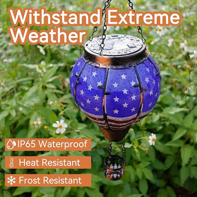 Hot Air Balloon Outdoor Solar Lantern with Flickering Flame, Hanging Light Waterproof for Garden Patio Yard Party Porch Decor, Solar Glass Lamp for Outside Decorative Gifts (Flag)