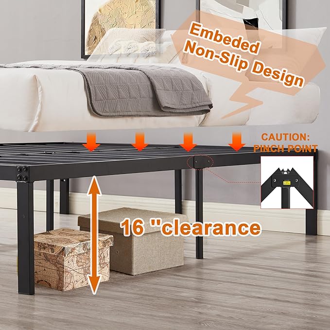 VECELO 16" King Size Metal Platform Tall Bed Frame,Heavy Duty Steel Slat/Easy Assembly Mattress Foundation/No Box Spring Needed