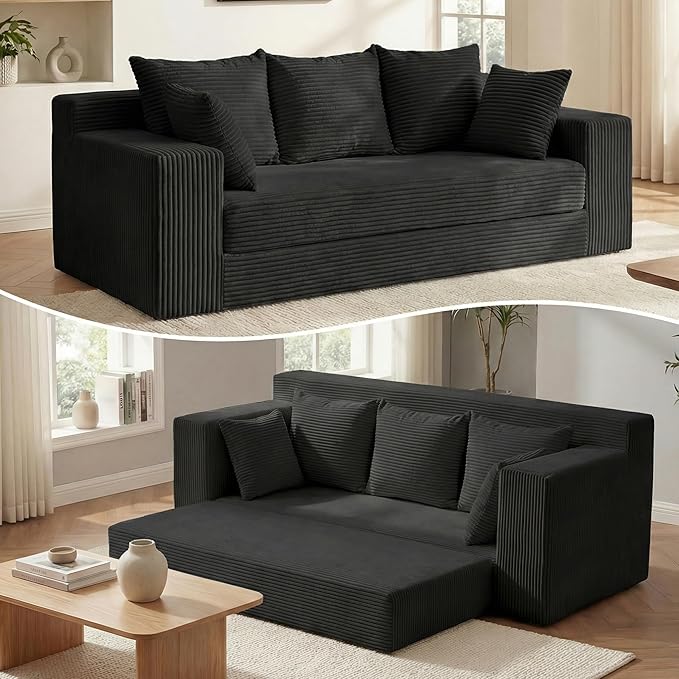Convertible Sofa Bed, 5 in 1 Small Boneless Couch Pull Out Loveseat Sleeper Sofa,Corduroy Futon Couch Folding Mattress with 4 Pillows for Living Room (Black02, 3 Seater)
