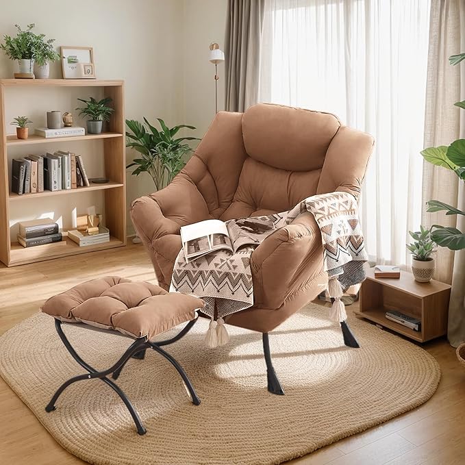 Lazy Chair with Ottoman, Large Khaki Accent Chair with Ottoman, Comfy Reading Armchair, Leisure Sofa Chair for Living Room, Bedroom, Dorm Room, Office