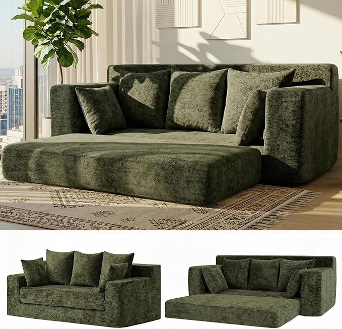 Convertible Sofa Bed, 5 in 1 Small Boneless Couch Pull Out Loveseat Sleeper Sofa,Corduroy Futon Couch Folding Mattress with 4 Pillows for Living Room Bedroom Lounge (Green, 3 Seater)