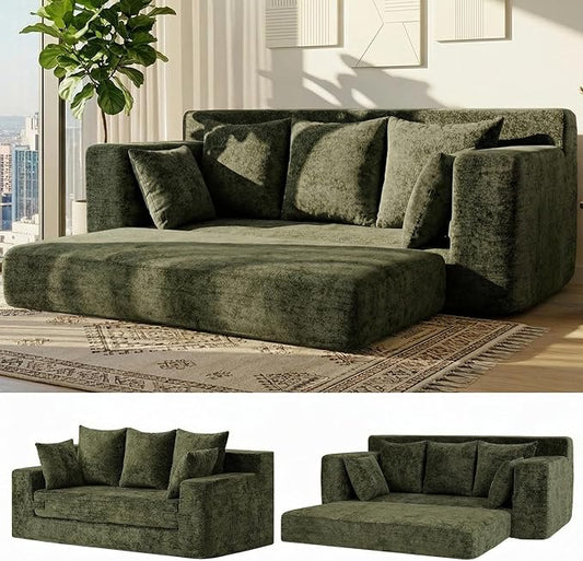 Convertible Sofa Bed, 5 in 1 Small Boneless Couch Pull Out Loveseat Sleeper Sofa,Corduroy Futon Couch Folding Mattress with 4 Pillows for Living Room Bedroom Lounge (Green, 3 Seater)