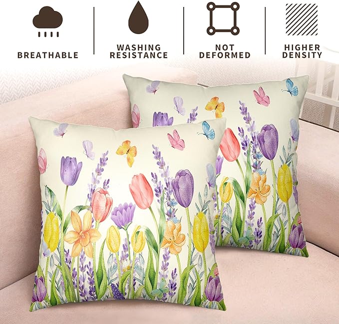 Spring Tulip Floral Pillow Covers 20x20 Set of 2 Watercolor Lavender Daffodils Flowers Throw Pillows Summer Outdoor Farmhouse Pillow Case for Couch Home Sofa Bed Decor