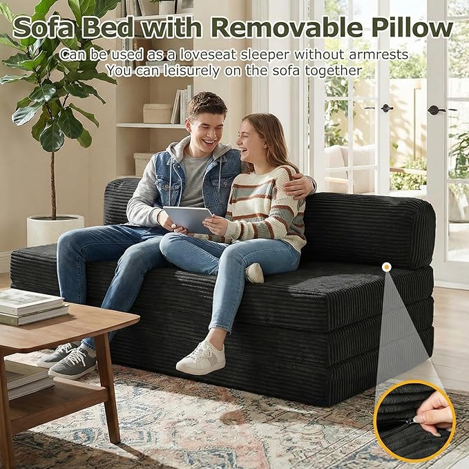 5-in-1 Convertible Sofa Bed, Boneless Couch Loveseat Sleeper with Removable Cushions & Washable Cover, Futon Sofa Bed with Handle, Pull Out Couch for Small Spaces, Full Size, Black