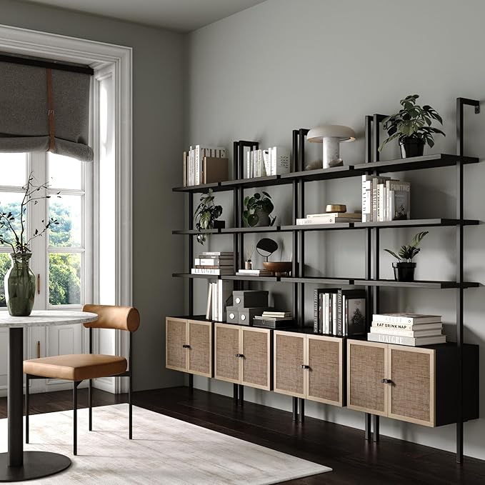 Nathan James Theo Modern Bookcase with Rattan Cabinet in Matte Black and Light Oak Finish with Matte Black Metal Frame for Living Room, Home Office Storage, Set of 4