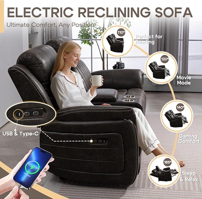 Zero Gravity Power Reclining Loveseat Sofa with Adjustable Headrests, Power Loveseat Recliner with Console, Electric 2-Seater Recliner Couch for Living Room (Foil Fabric, Charcoal Grey)