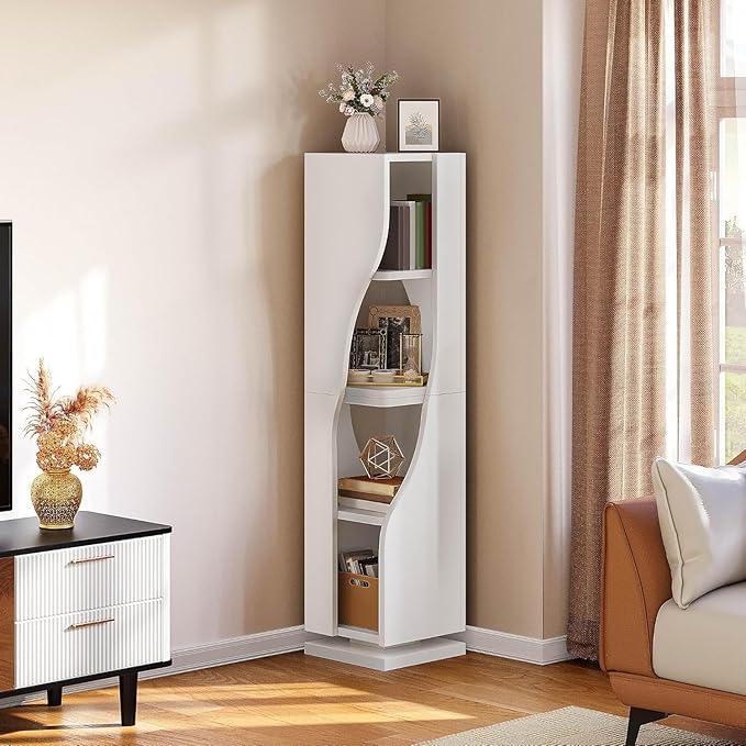 YITAHOME Bookcase Corner Bookshelf, Small 4-Tier Rotating Bookshelf, 360 Display Bookcase Spinning Tower Narrow Shelf Organizer Storage Showcase Cabinet for Living Room, Study Room, White