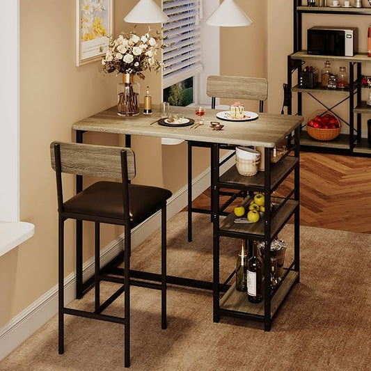 IDEALHOUSE Kitchen Table Set, Dining Table and Chairs for 2, 3 Piece Dining Room Table Set with 2 Upholstered Chairs, Bar Dining Table Set for Small Spaces, Apartment, Breakfast, Pub, Rustic Gray