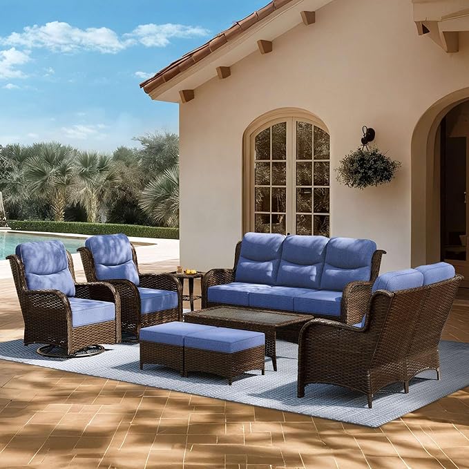 High Back Outdoor Furniture with Extra Thick Cushion Patio Swivel Rocking Chairs, Comfort 3-Seat Sofa, 8PCS Oversized Wicker Conversation Set for Porch, Deck, Yard in Blue