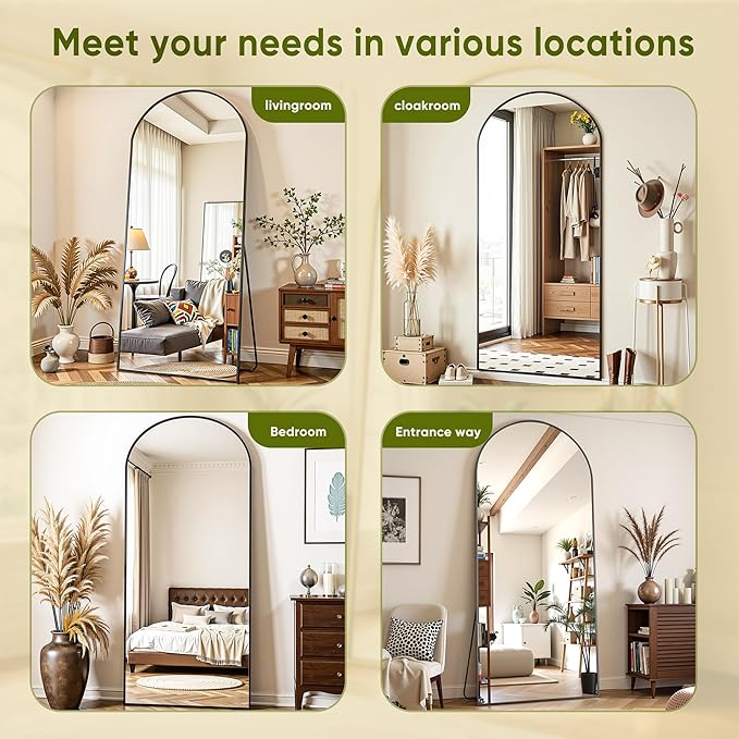 Full Length Mirror, 64"x21" Arched Full Body Mirror, Floor Mirrors with Stand, Standing Hanging Leaning Against Wall,Aluminum Frame Mirrors for Bedroom Cloakroom,Living Room,Black