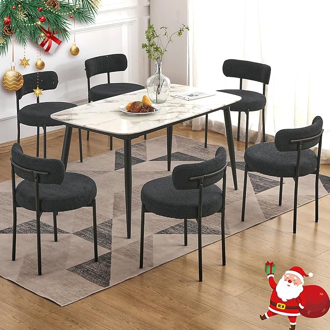 EDWELL Black Dining Chairs Set of 6, Mid-Century Modern Dining Room Chairs with Thick Cushions, Round Upholstered Boucle Dining Chair with Metal Legs for Kitchen, Living Room, Kitchen Chairs