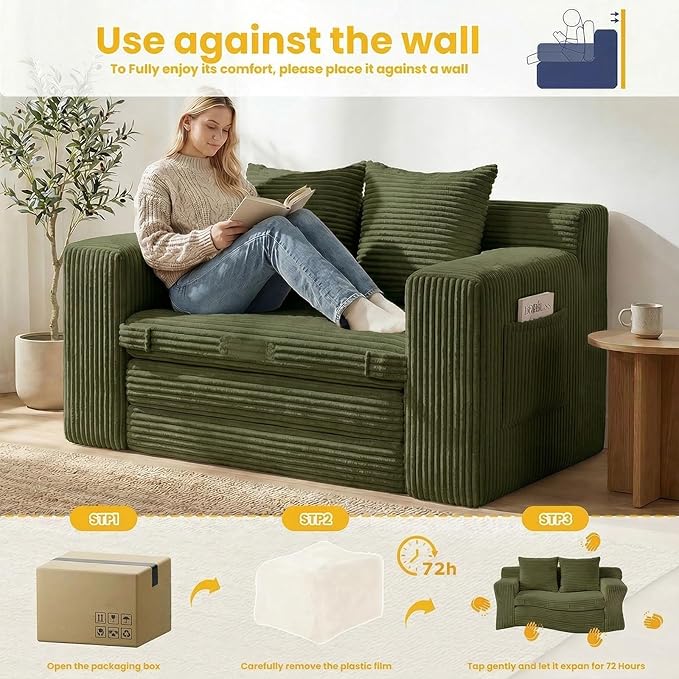 Boneless Loveseat Sleeper Sofa Bed: 3-in-1 Convertible Sofa Bed with Side Pockets & Handle,Pull Out Couch with 2 Pillows,Folding Futon for Small Space,Living Room & Bedroom,Green