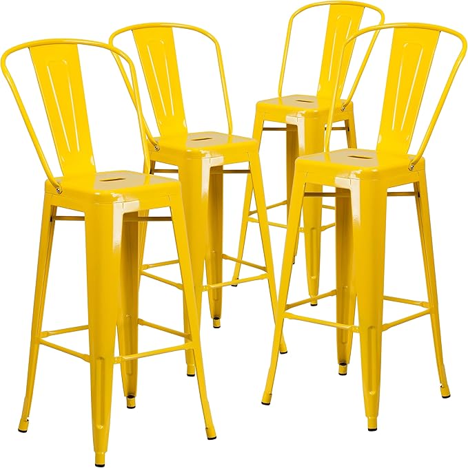 Flash Furniture Lily Commercial Grade 4 Pack 30" High Yellow Metal Indoor-Outdoor Barstool with Removable Back