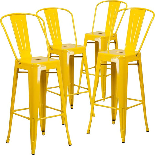 Flash Furniture Lily Commercial Grade 4 Pack 30" High Yellow Metal Indoor-Outdoor Barstool with Removable Back