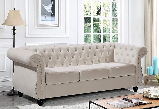 Container Furniture Direct Feinstein Modern Velvet Chesterfield Couches for Living Room with Nailheads, Diamond Tufting & Durable Metal Frame, Chair, Loveseat & Sofa, Ivory