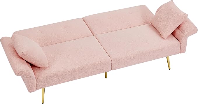 Eafurn Teddy Futon Sofa Bed Modern Folding Futon Set Convertible Recliner Lounge Sleeper Couch with Adjustable Armrest and Backrest for Living Room Apartment | Golden Legs, Wood Frame, Side Pockets