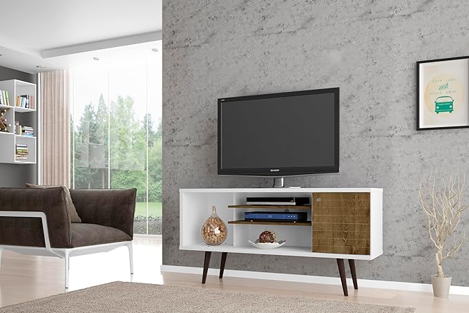 Manhattan Comfort Liberty Mid Century Modern TV Stand for Televisions up to 50 Inches, Bedroom and Living Room Entertainment Center with Storage, Shelves, and Cabinet, 53" Wide, White/Rustic