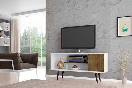 Manhattan Comfort Liberty Mid Century Modern TV Stand for Televisions up to 50 Inches, Bedroom and Living Room Entertainment Center with Storage, Shelves, and Cabinet, 53" Wide, White/Rustic