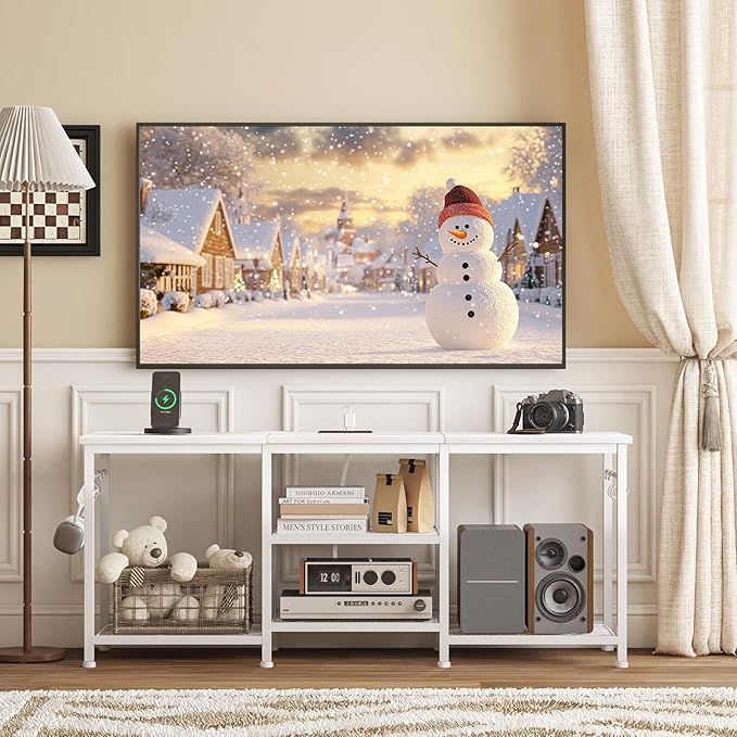 YGEOMER Entertainment Center for 55 inch TVs, TV Stand with Power Outlet and Open Storage Shelves, TV Media Console Table for Living Room and Bedroom, White