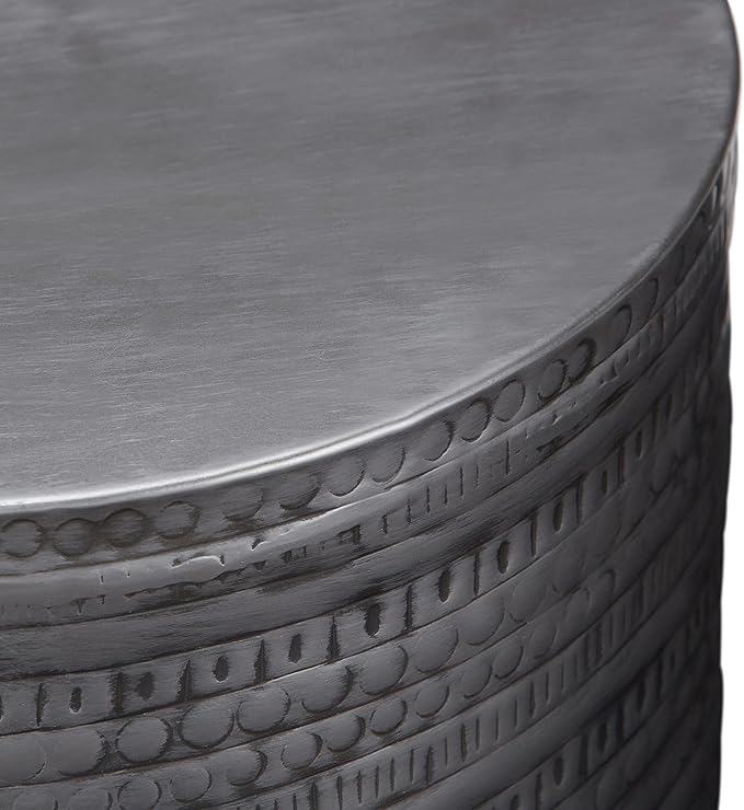 SIMPLIHOME Johnsen Metal Table - 15 inch Wide Solid Iron Drum Accent Table in Antique Silver with Tribal Pattern, Round Boho End Table for Living Room, Bedroom, or Home Office, Fully Assembled