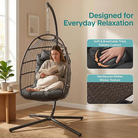 SereneLife Hanging Egg Chair with Stand - Wicker Rattan Outdoor Swing Chair, Powder-Coated Steel Frame, Padded Cushion & Headrest - Ideal Swinging Chair for Bedroom, Patio, Backyard - 350 lbs Load