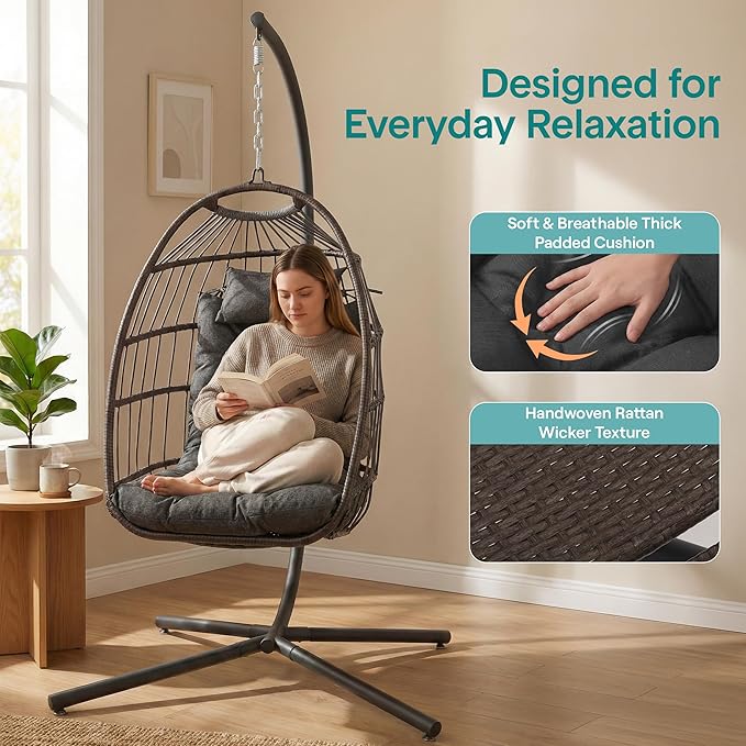 SereneLife Egg Chair with Stand – Hanging Rattan Wicker Swing for Indoor Outdoor Use – 350 lbs Capacity, Breathable Cushion & Headrest – Patio, Balcony, Porch, Bedroom Lounge Furniture