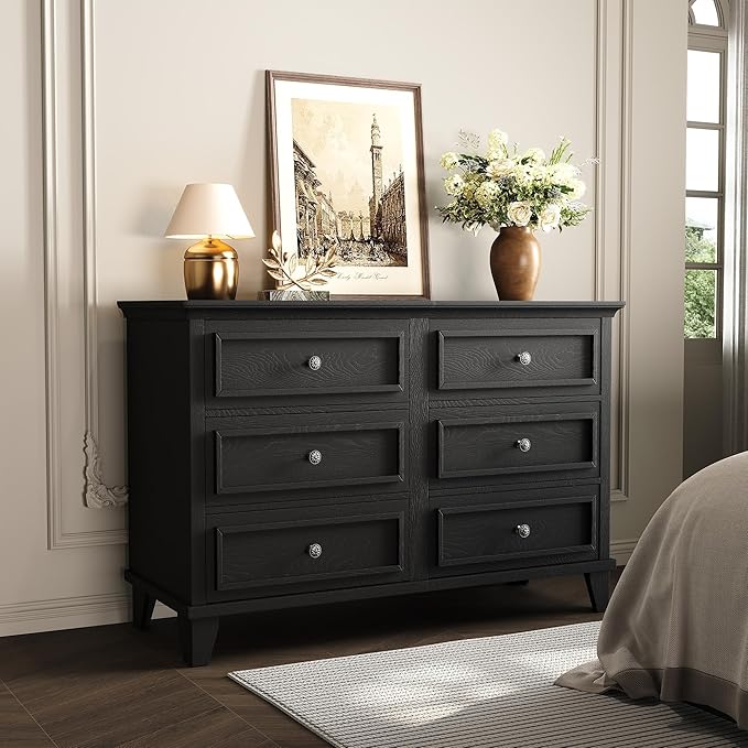 IDEALHOUSE 6 Drawer Dresser, Wooden Storage Chest of Drawers with Exquisite Metal Handles, Large Wide Dresser TV Stand, Modern Drawer Organizer for Bedroom, Living Room, Hallway, Entryway, Black