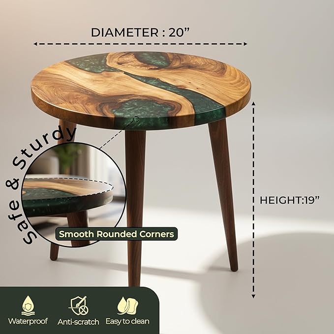 20" Resin Walnut Round Side Table | Epoxy End Table | Coffee Table | Mid Century Modern Resin Walnut | Living Room Furniture | Green Color