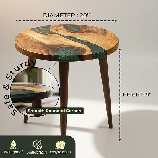 20" Resin Walnut Round Side Table | Epoxy End Table | Coffee Table | Mid Century Modern Resin Walnut | Living Room Furniture | Blue Color