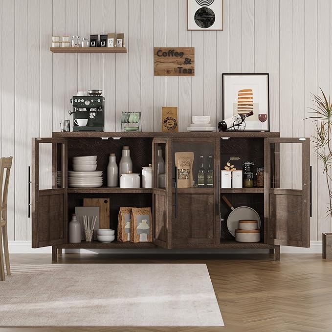 GarveeHome Sideboard Buffet Cabinet with 4 Glass Doors, 55 in Buffet Table Coffee Bar Wine Bar Display Cabinet for Kitchen Dining Room, Living Room (Glass with 4 Doors, Brown)