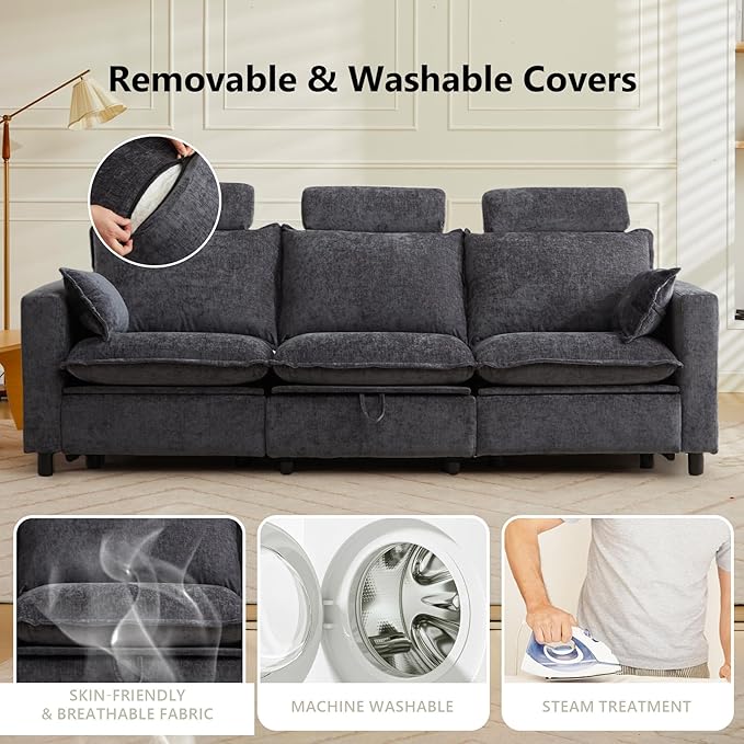 GUEAPY Power Reclining Sofa Cloud Couches for Living Room-Cloud Couch Sectional with Drawer,3 Seater Reclining Couches, Chenille Deep Reclining Sofa with Pillows, USB&Type-C Ports for Livingroom | Cloud Couch, Drawer, Deep Seat