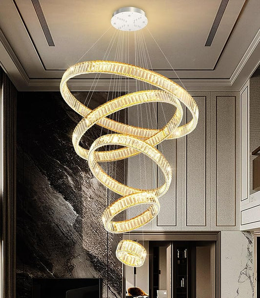 Large Ring Crystal Chandelier Modern Dimmable Chandelier High Ceiling Chandelier Round LED Ceiling Light Fixture for Foyer Long Stair Big Chandelier Silver 8''+16''+24''+32''+40''