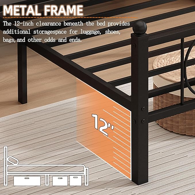 Queen Size Bed Frame Classic Metal Platform Bed Frame Mattress Foundation with Victorian Style Iron-Art Headboard/Footboard/Storage Space/No Box Spring Needed/Black