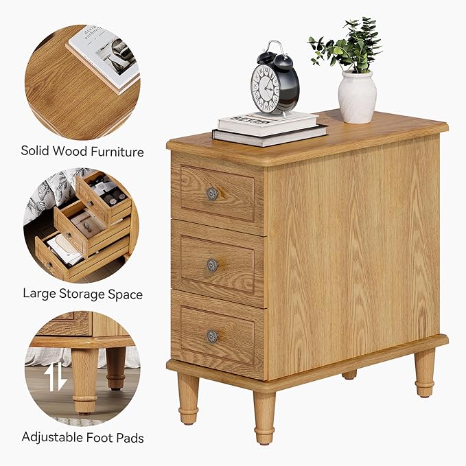 LITTLE TREE Fully Assembled End Table, Set of 2, Narrow Bedside Table with 3 Drawers, Vintage Nightstand for Small Spaces, Living Room, Bedroom, Natural Color