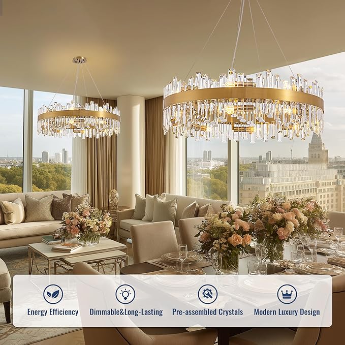 Gold Crystal Chandelier for Dining Room, 16-Light Modern Chandelier, 31.5-inch K9 Crystal Raindrop Ceiling Light, Luxury Flush Mount Light Fixture for Kitchen Living Room Entryway Bedroom