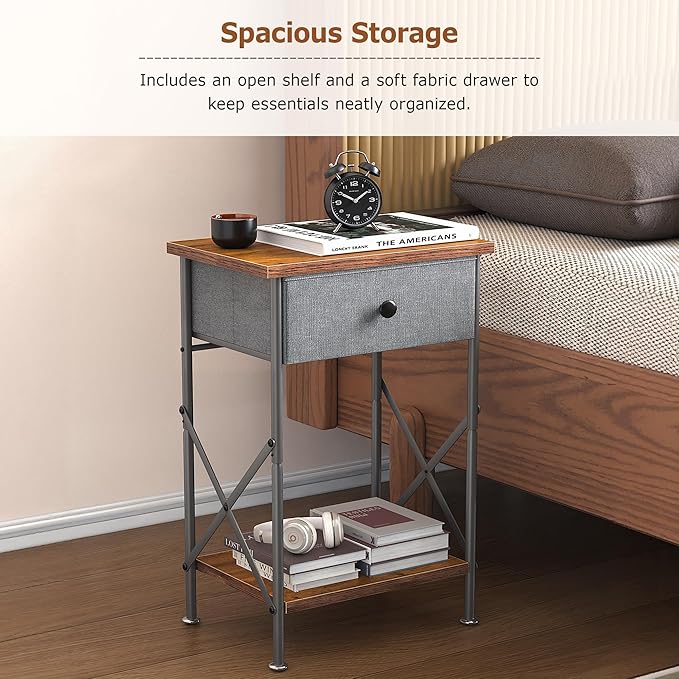 VECELO Night Stand, Small End Table for Small Spaces, Wood Side Table for Living Room, Bedside Table with Drawer for Bedroom, Easy Assembly, Rustic Brown