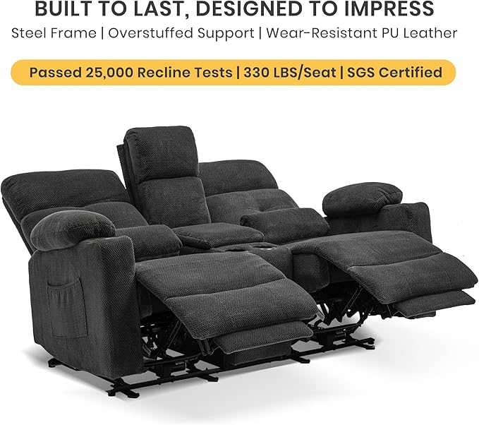 GUEAPY 68" Power Reclining Loveseat with Heat & Massage, Wall Hugger Double Reclining Sofa with Console, Cup Holders & Storage, Power Recliner Couch for Camper, Trailer, RV, Home Theater Living Room