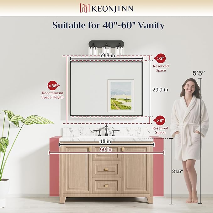 Keonjinn 40 x 30 Inch Brushed Nickel Bathroom Mirrors for Over Sink, Beveled Rectangle Framed Mirrors for Wall, Farmhouse Bathroom Vanity Mirror, Tempered Glass, Square Corner