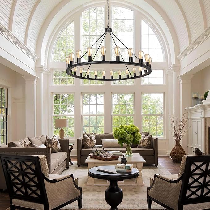Wagon Wheel Chandelier 24-Light 48-Inch, Black Round Rustic Farmhouse Chandelier Extra Large for High Ceilings, Dining Room, Living Room