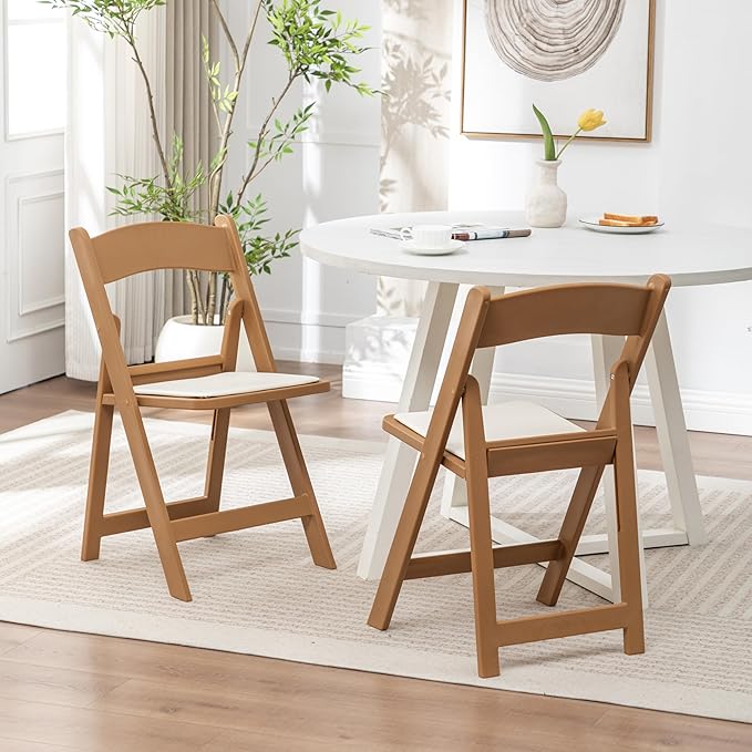 BTEXPERT Resin Folding Chair Vinyl Padded Seat Indoor Outdoor Lightweight Set for Home Event Party Picnic Kitchen Dining Church School Weddings- Set of 2 Natural Chestnut