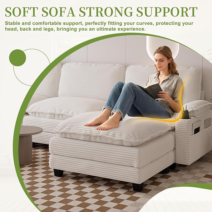 113" Convertible L Shaped Modular Sectional Sofa with Ottoman, Deep Seat Cloud Corner Couch with Layered Cushion, Corduroy Upholstered Sofa Couches w/Cupholders and Side Pockets | Wood Frame, Solid Legs