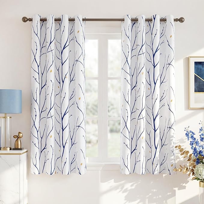NICETOWN Navy Blue Branch White Curtains for Half Windows 63" L, Grommet Top Thermal Insulated Room Darkening Tree Curtains with Elegant Petal Rain for Bedroom/Living Room, 2 Panels=104" W