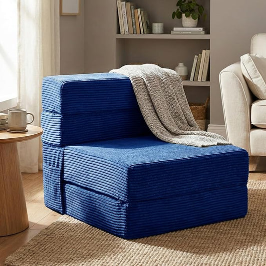 JKMAX Single Size Folding Sofa Bed - 4 in 1 Convertible Sleeper Chair - High Density Memory Foam Futon Couch - Foldable Bed for Living Room Bedroom (Blue)