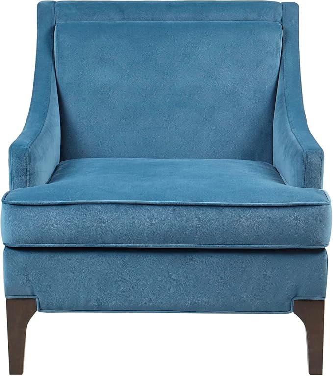 Martha Stewart Anna Upholstered Accent Chair, Removable Lumbar Pillow Support, Square Arm, Jacqard Fabric, Chic Modern Wide Cushion Seat Bedroom Lounge Comfy, Blue, 30.75" W x 32.25" D x 32.5" H