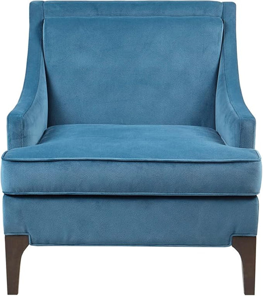 Martha Stewart Anna Upholstered Accent Chair, Removable Lumbar Pillow Support, Square Arm, Jacqard Fabric, Chic Modern Wide Cushion Seat Bedroom Lounge Comfy, Blue, 30.75" W x 32.25" D x 32.5" H