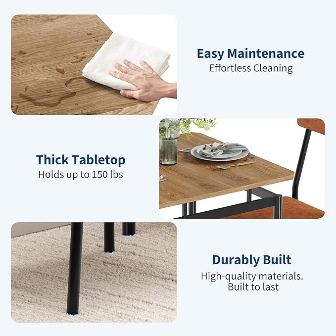 Garvee 3 Piece Dining Table Set, Kitchen Table Set for 2 with 2 PU Upholstered Chair, Industrial Metal Frame Dinette Set for Small Space, Dining Room, Apartment, Studio, Brown